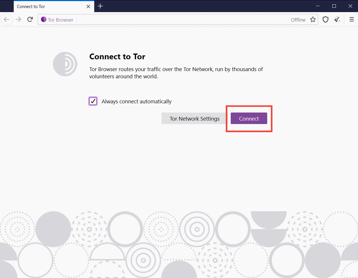 Tor Browser connection screen